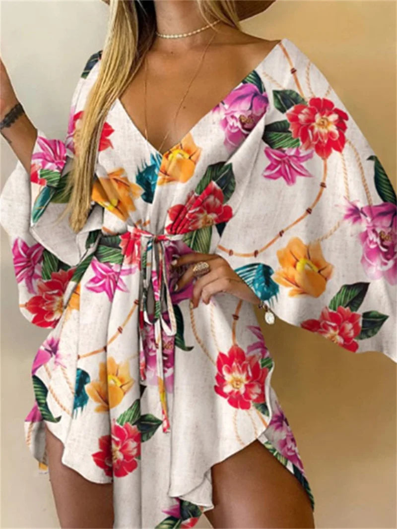 Women's Bohemian Floral Print V Neck Bat Sleeve Sundress