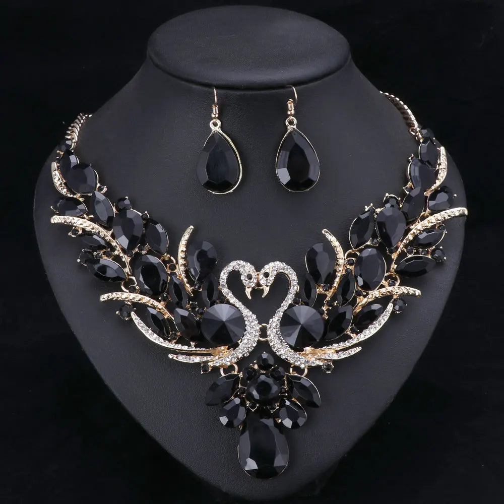Crystal Swan Necklace And Earrings Set
