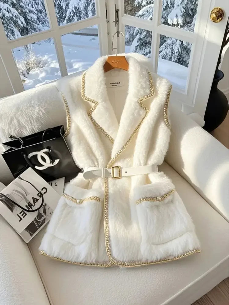 Luxury Golden Silk Edge Elegant White Sleeveless Coat