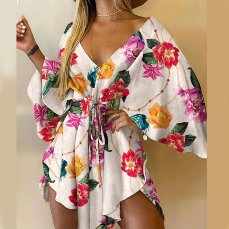 Women's Bohemian Floral Print V Neck Bat Sleeve Sundress