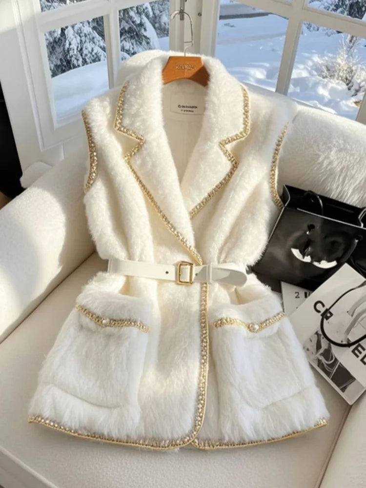 Luxury Golden Silk Edge Elegant White Sleeveless Coat