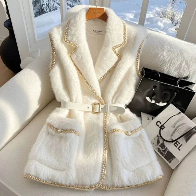 Luxury Golden Silk Edge Elegant White Sleeveless Coat