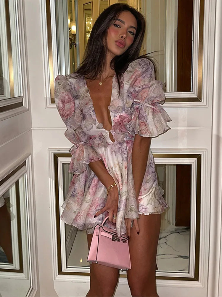 Elegant Printed Layered Ruffled Flared Sleeve Dress