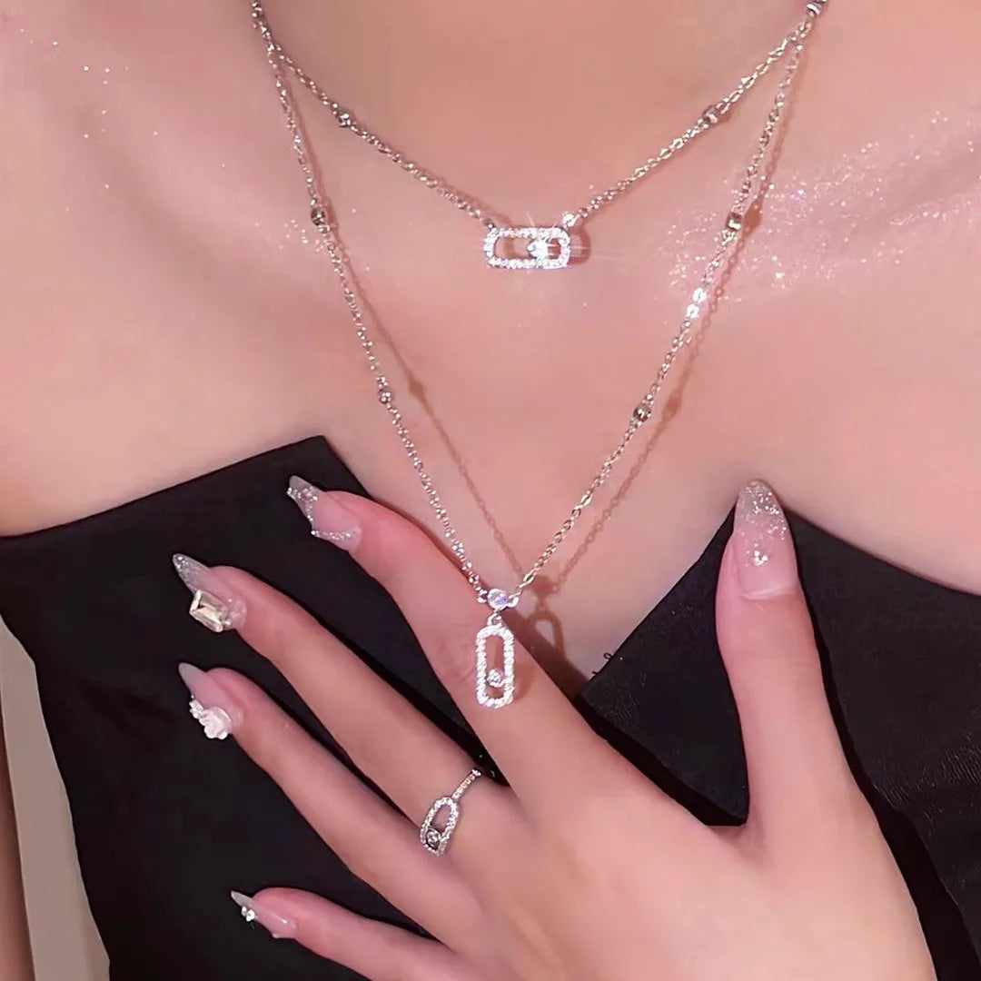 925 Silver Zircon Sliding Necklace For Women Double Layer
