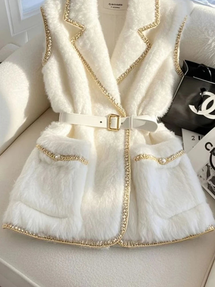 Luxury Golden Silk Edge Elegant White Sleeveless Coat