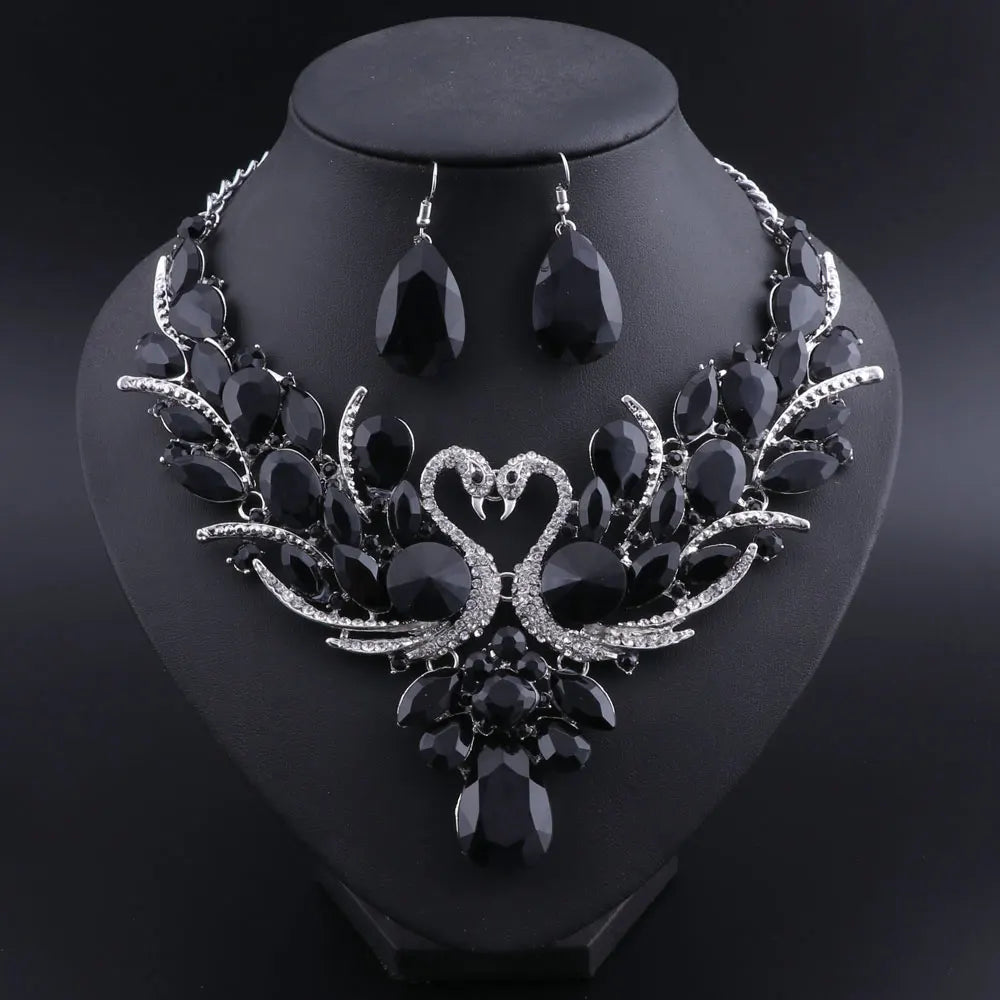 Crystal Swan Necklace And Earrings Set